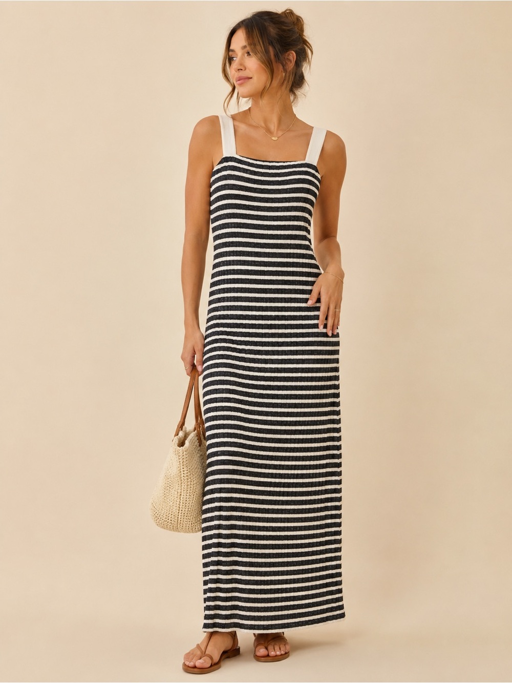 Loveappella Black and White Striped Maxi Dress